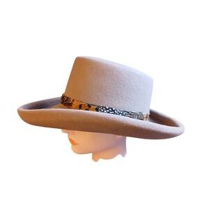 Vintage Bollman Hat Co Importina Wool Doeskin Felt Feather Band Hat Taupe Tan